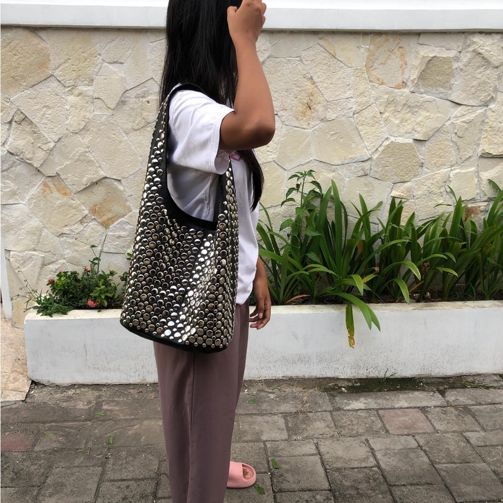 Wahyu leather Black and Silver studded Women's tote shoulder bucket Bag